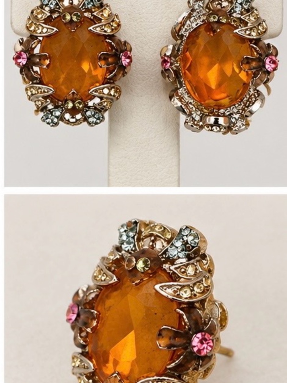 Vintage Art Deco Amber Glass & Rhinestone Floral Stud Earrings